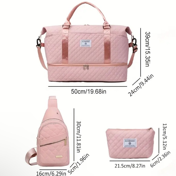 3 piece Pink Quilted Travel Bag Set with Versatile Design brand new - Picture 3 of 8